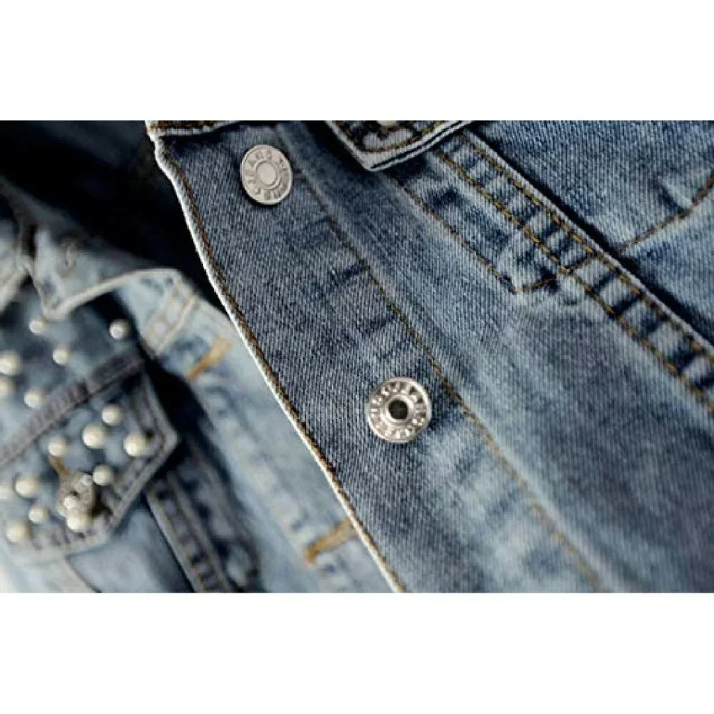 Oversized Denim Jacket with Pearl Beading, Distressed Wash, Customizable